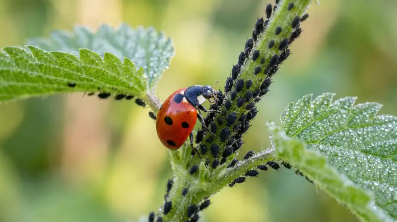 A seven-spot ladybird feeding on a colony of black aphids on a green stem in a UK garden, macro detail