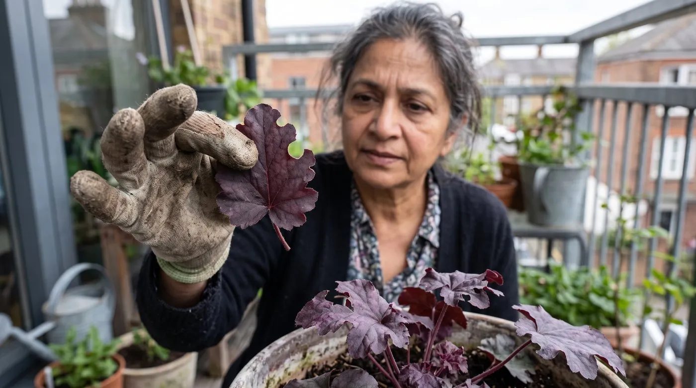 Gardener holding a potted heuchera leaf with notched edges caused by adult vine weevils