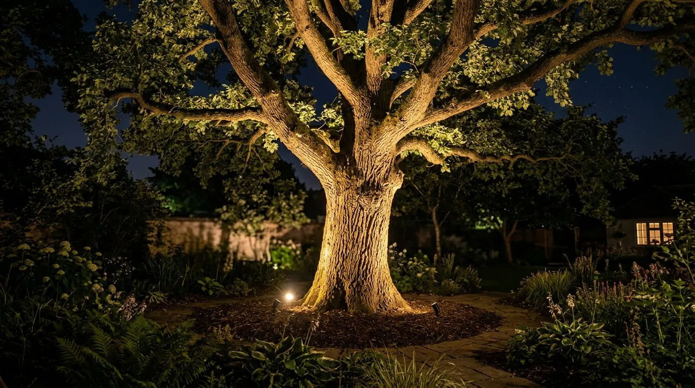 Garden lighting uplighting on a mature tree showing bark and canopy at night