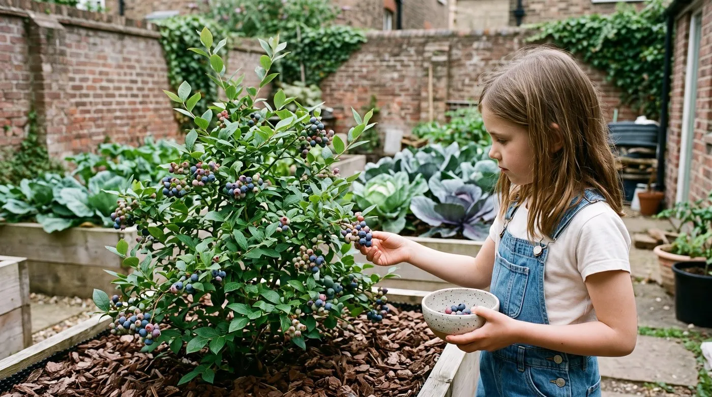 Child picking blueberries from bushes in a bark-mulched acid bed kept well away from limed veg beds