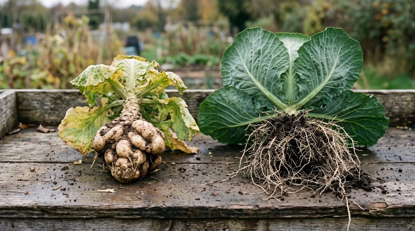 Cabbage roots swollen with club root next to a healthy cabbage with fine white roots