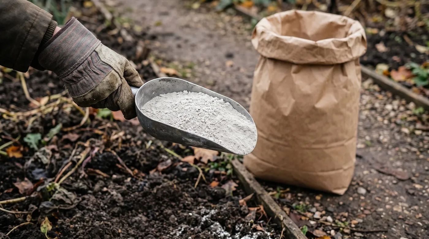 Scoop of fine ground limestone held over a bare allotment bed beside a plain paper sack