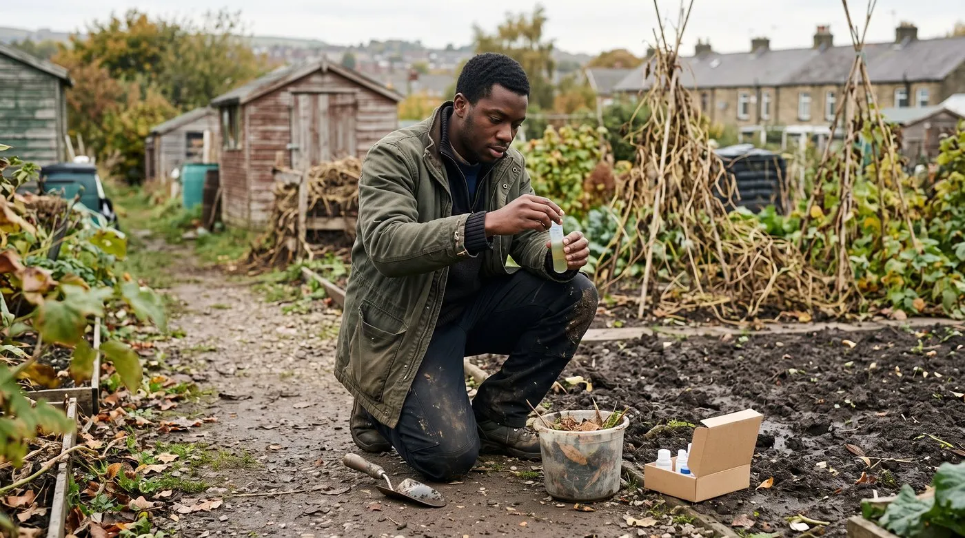 Gardener holding a soil pH test tube over a bare vegetable bed before deciding whether to lime