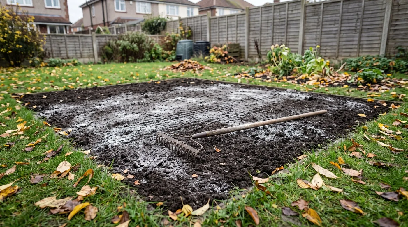 Cleared vegetable bed dusted with ground limestone and partly raked in during autumn