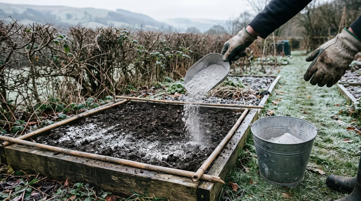 Gloved hands scattering ground limestone inside a square metre marked with bamboo canes
