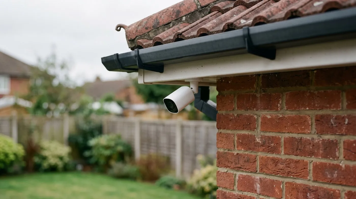 A wall-mounted domestic security camera under the eaves of a suburban house overlooking a rear garden