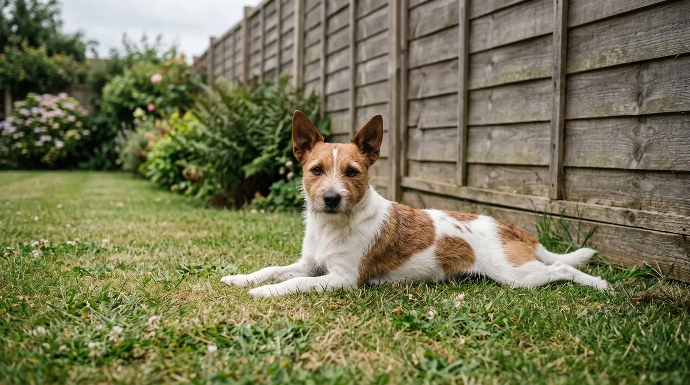 A dog lying on a lawn beside a wooden boundary fence in a suburban back garden
