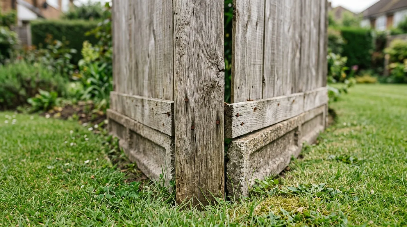 Close-up of a fence post and gravel board marking the boundary line between two suburban gardens