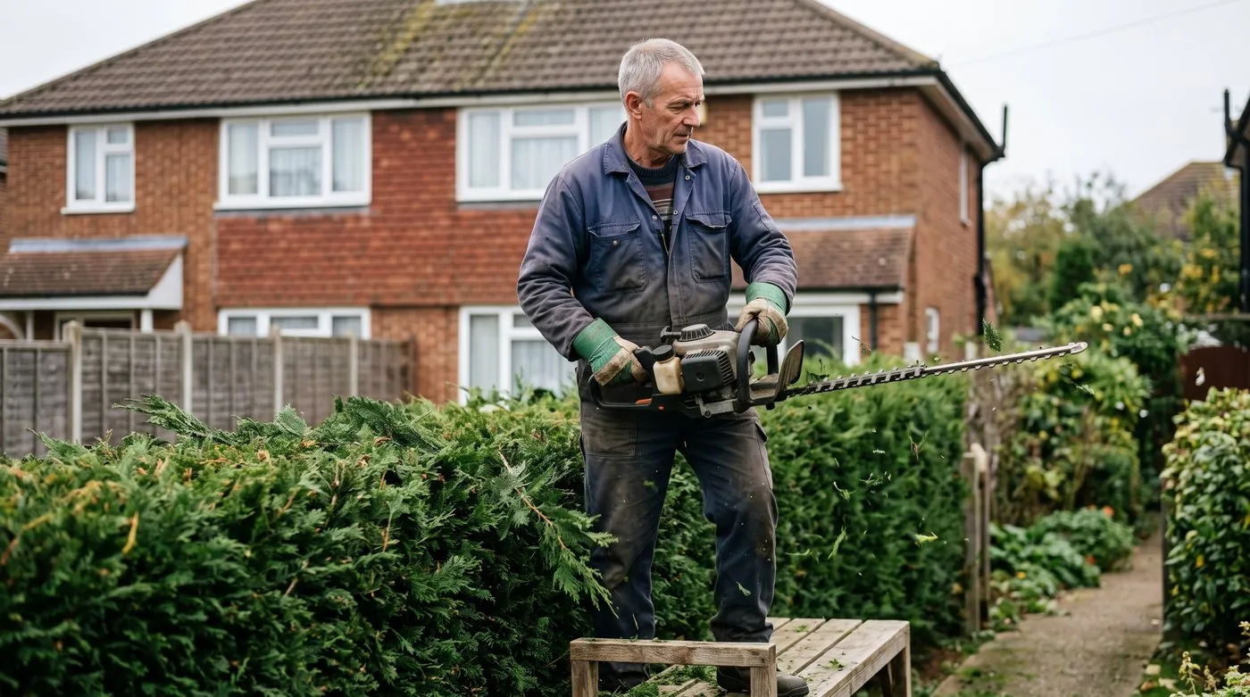 Gloved hands and a petrol hedge trimmer cutting the top of a boundary hedge level at about two metres
