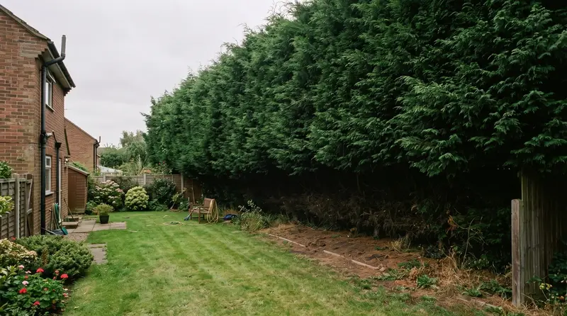 A tall leylandii boundary hedge casting deep shade across a suburban semi garden in Essex, the classic UK neighbour dispute
