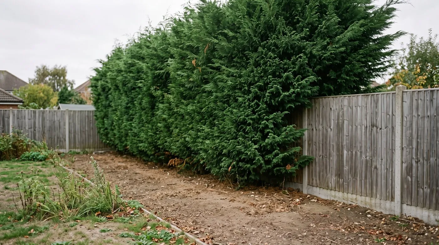 A tall dense leylandii hedge running along a suburban boundary with a shaded bare bed beneath it