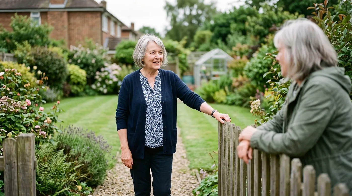A woman in her sixties talking with a neighbour across a low garden fence on a bright overcast day