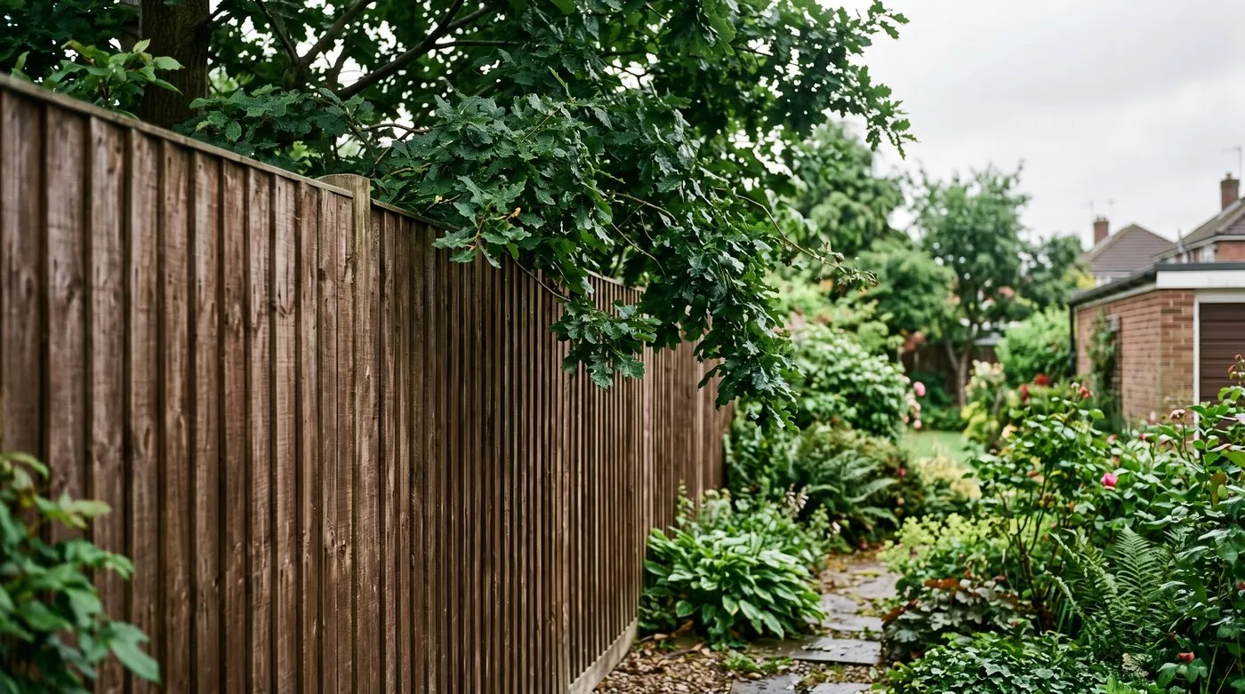 Branches from a neighbouring tree hanging over a close-board fence into a small suburban garden