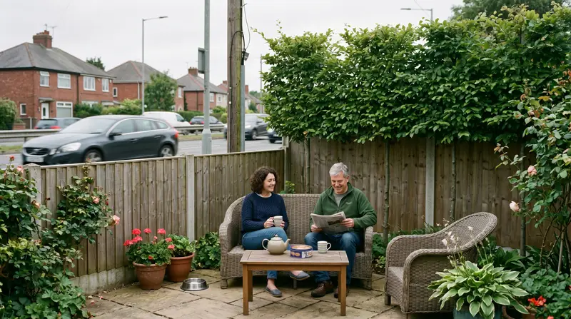 Quiet screened seating area behind a solid acoustic fence beside a busy road in a UK suburban garden