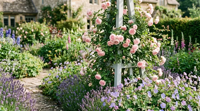 A painted timber garden obelisk smothered in pink climbing roses as a focal point in a UK cottage garden border