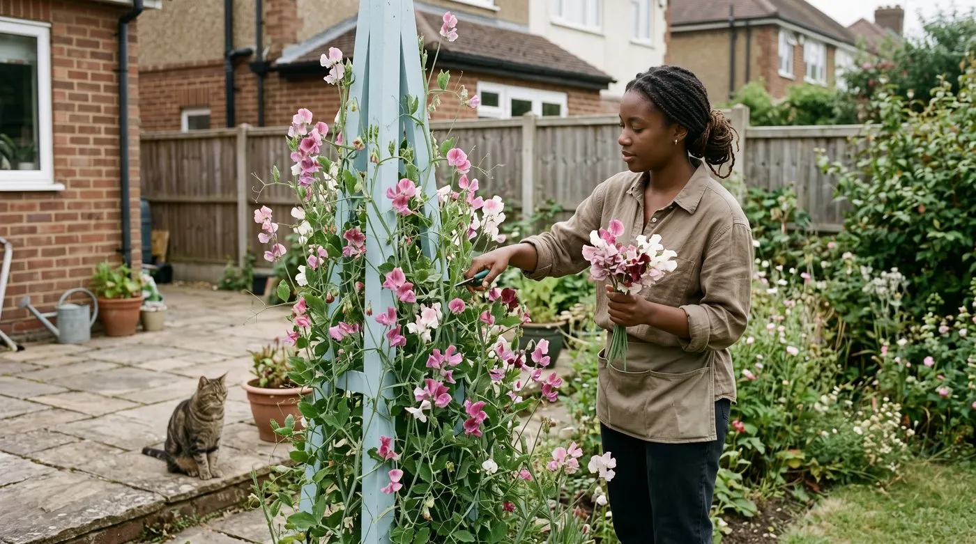 Woman picking pink, mauve and white sweet peas from a painted timber obelisk in a suburban back garden
