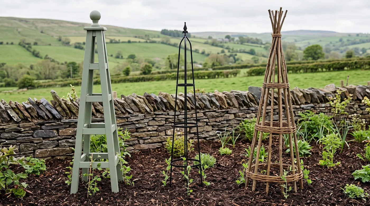 Painted timber, slim metal and rustic hazel obelisks side by side in a newly planted garden border