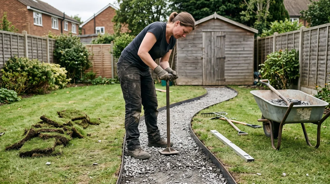 Woman tamping down a stone sub-base between steel edging while making a garden path to a shed