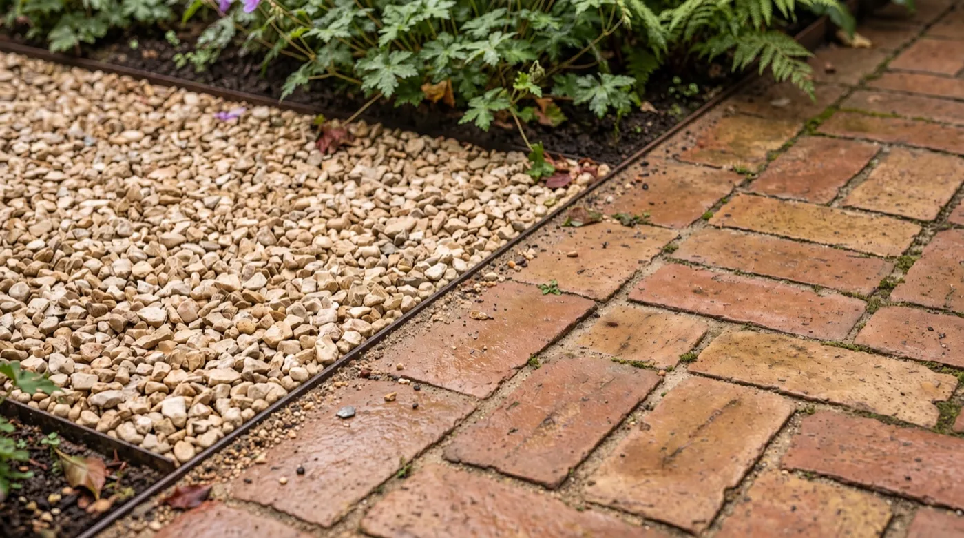 Pale gravel path held by steel edging beside a clay brick patio