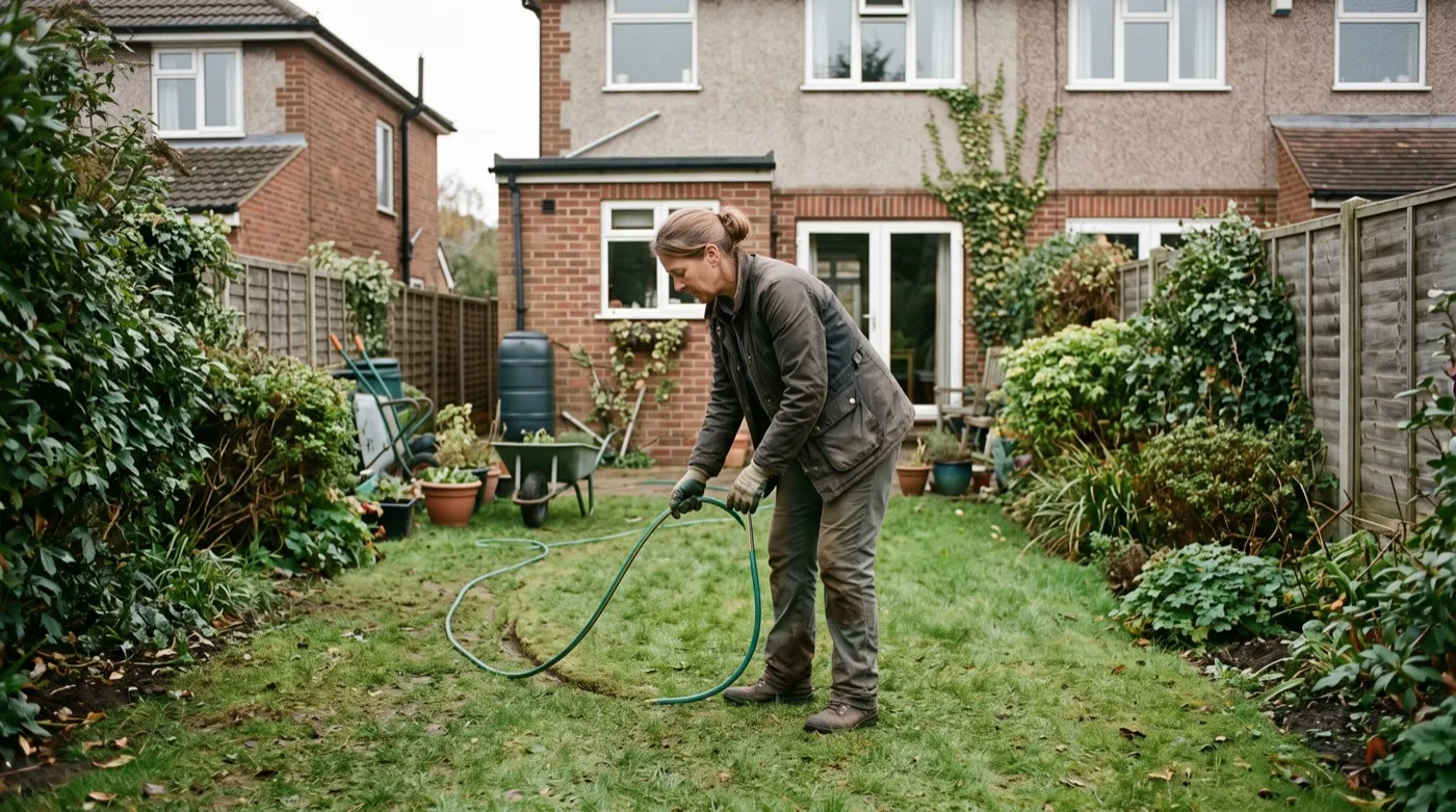 Woman marking a garden path curve with a hose in a UK back garden