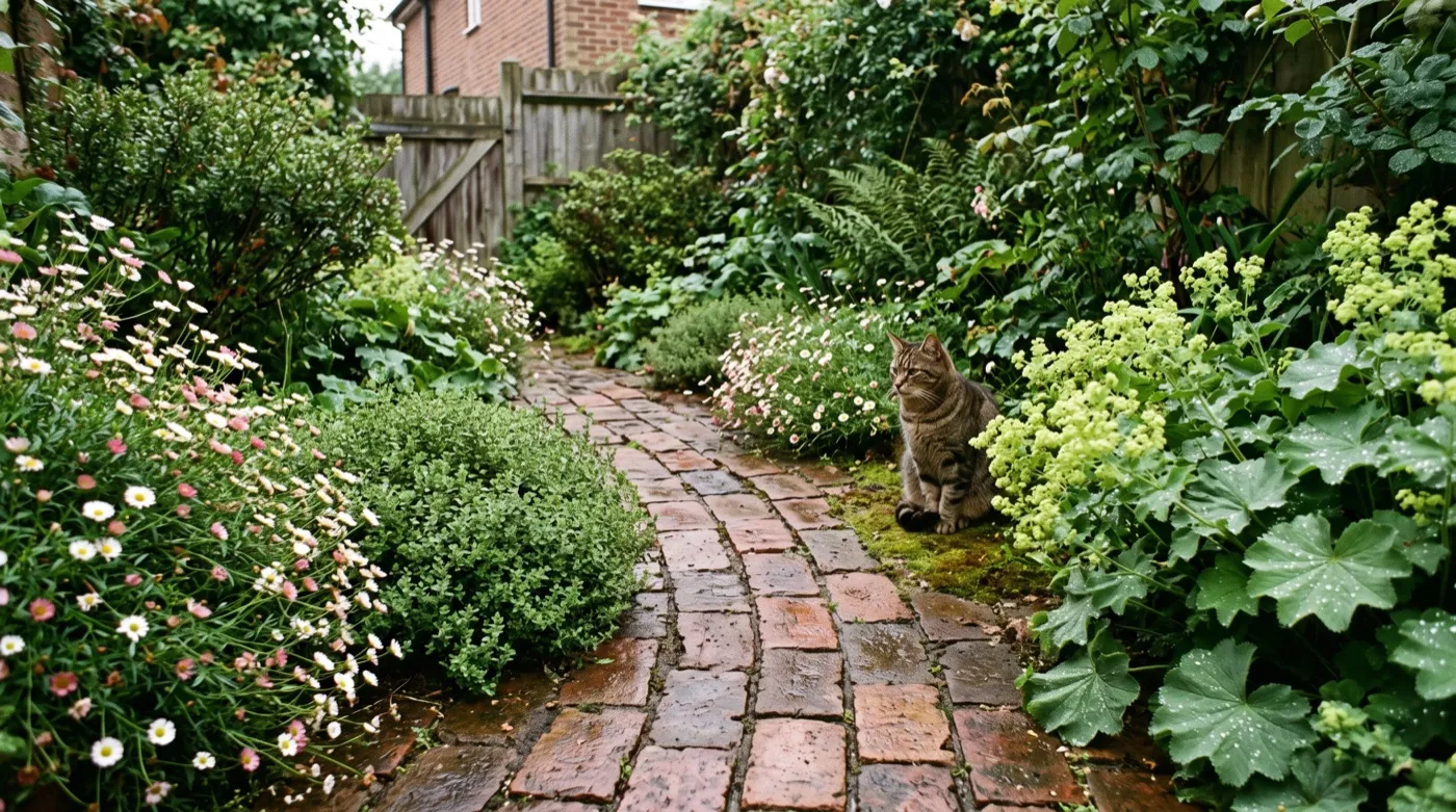 Wet brick garden path edged with thyme, daisies and lady's mantle