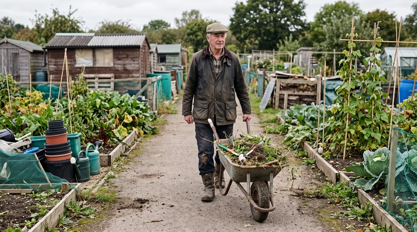 Gardener pushing a loaded wheelbarrow along a wide allotment path