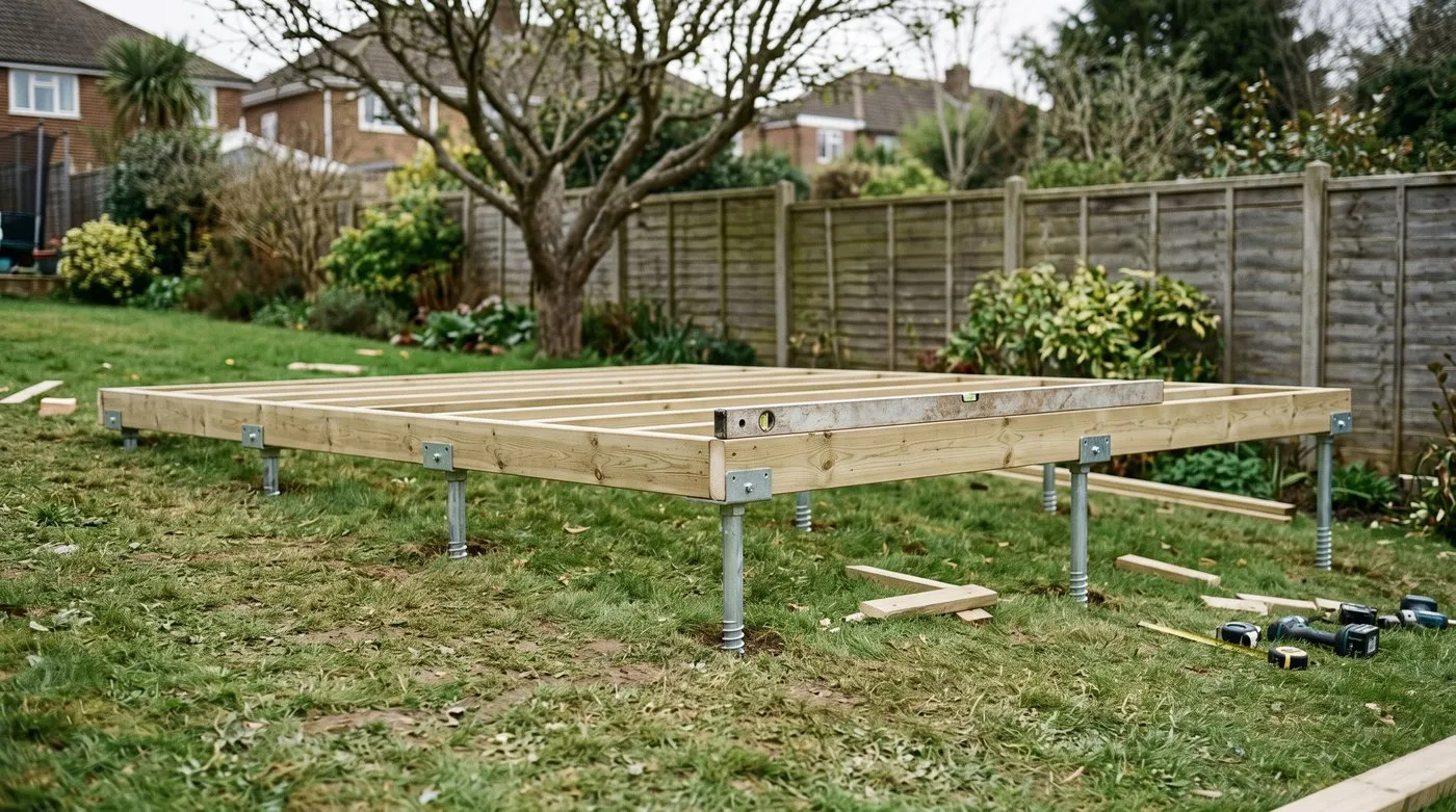 Level timber floor frame for a garden room sitting on steel ground screws on a sloping lawn