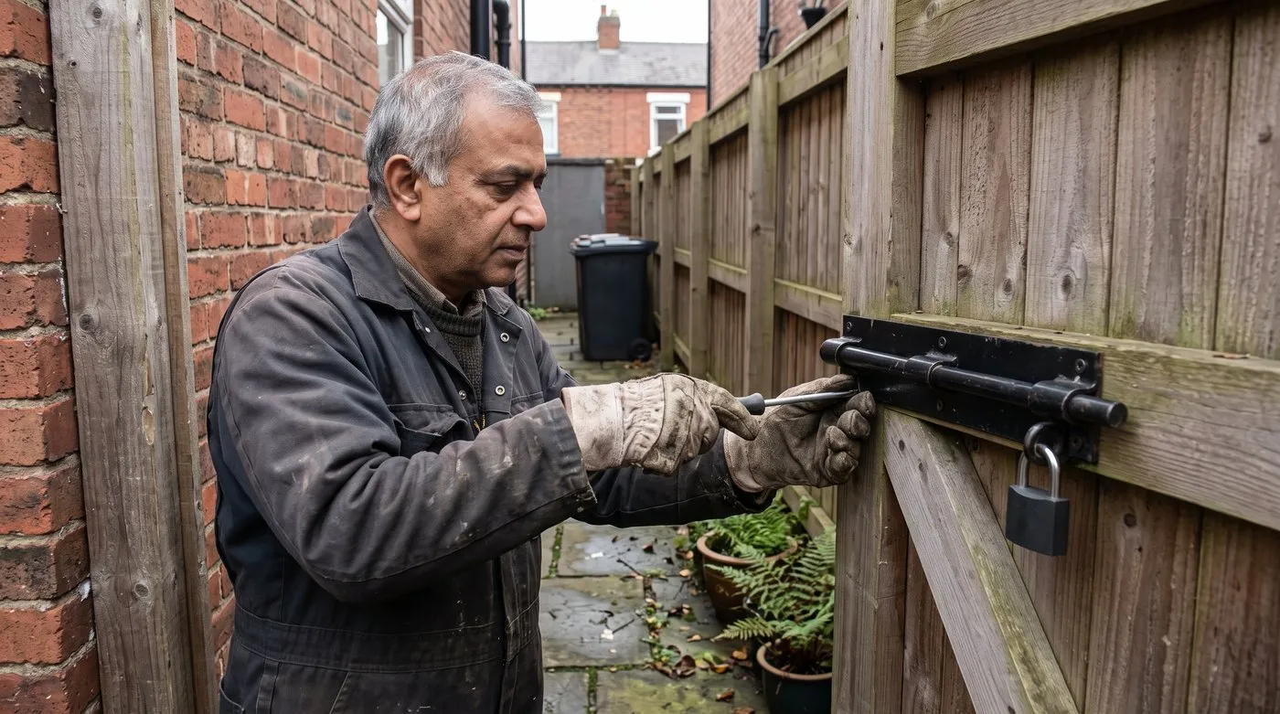 Man fitting a heavy bolt and plain padlock to the inside of a tall timber side gate beside a brick house