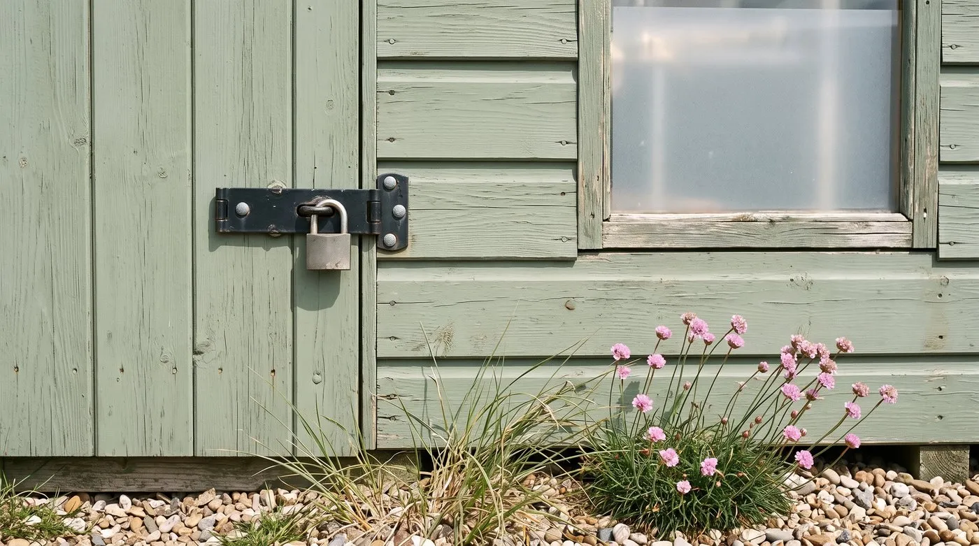 Shed door with a coach-bolted steel hasp, plain padlock and a frosted window beside it