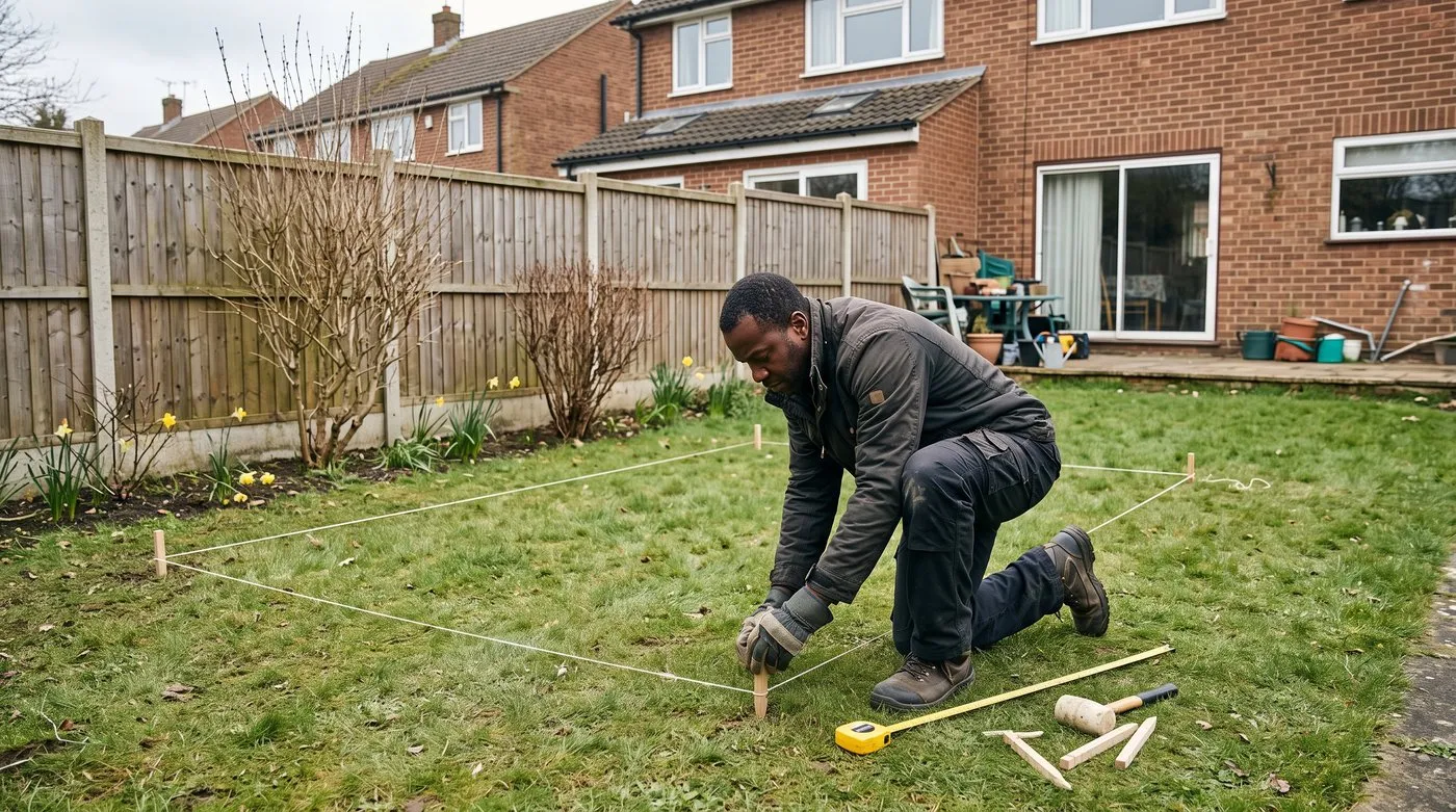 Man marking out a shed footprint on a lawn with string lines and wooden pegs