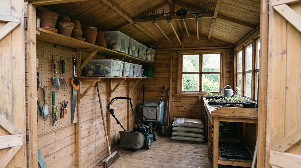 Tidy garden shed with tools on pegboard, long tools hung from the ceiling, shelves of pots and a potting bench