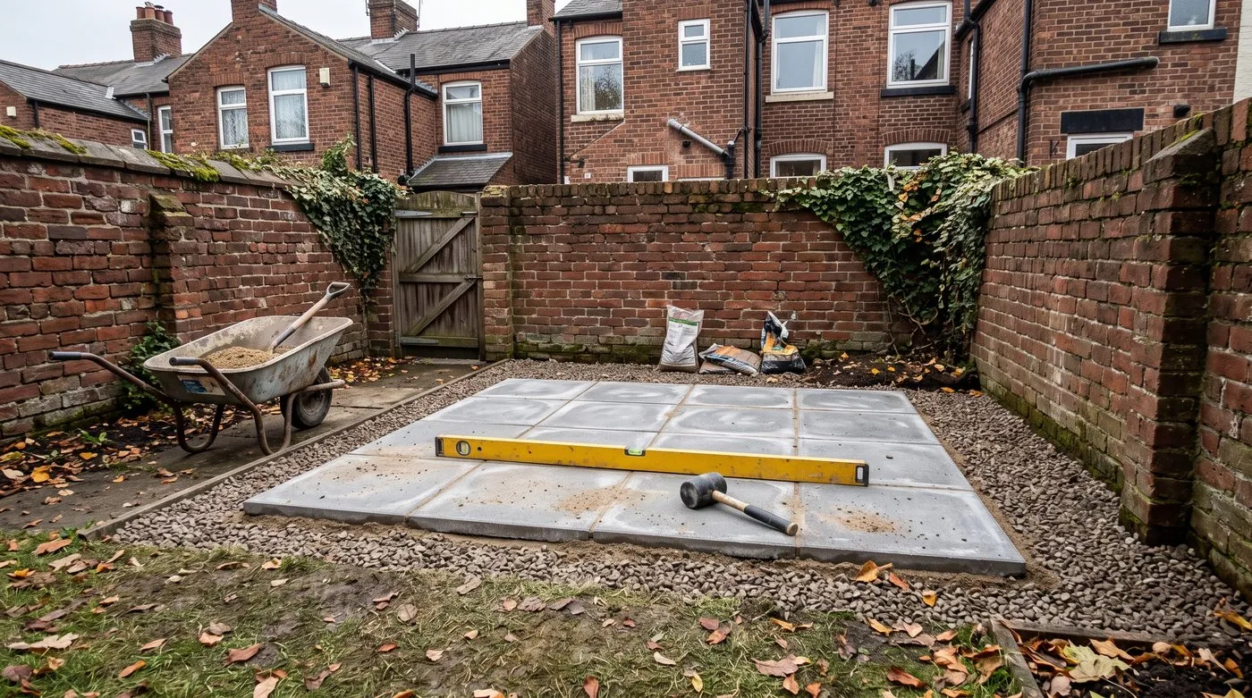 New paving slab shed base with a spirit level and rubber mallet in a small terraced back garden