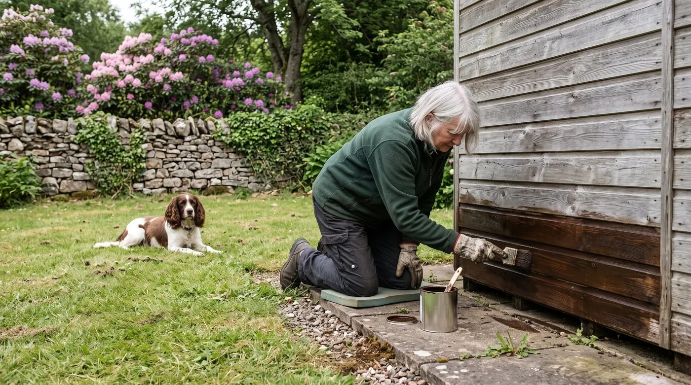 Older woman brushing wood preservative onto the lower boards of a timber shed while a spaniel watches