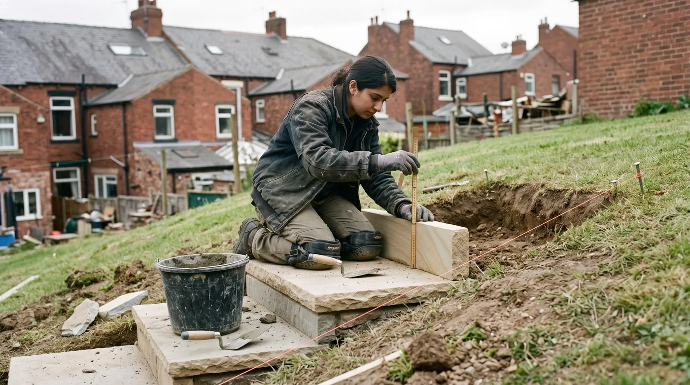 Woman measuring the height of a new sandstone step riser on steps being built into a garden bank