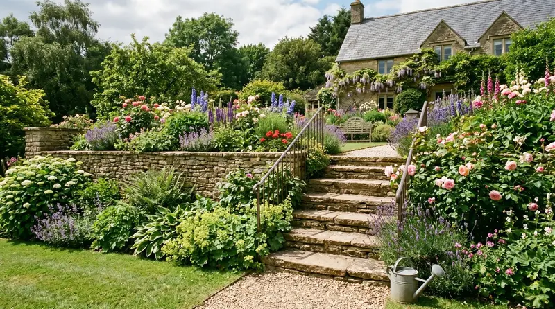 A UK garden with a stone-built retaining wall and natural sandstone garden steps leading up to a planted upper terrace in