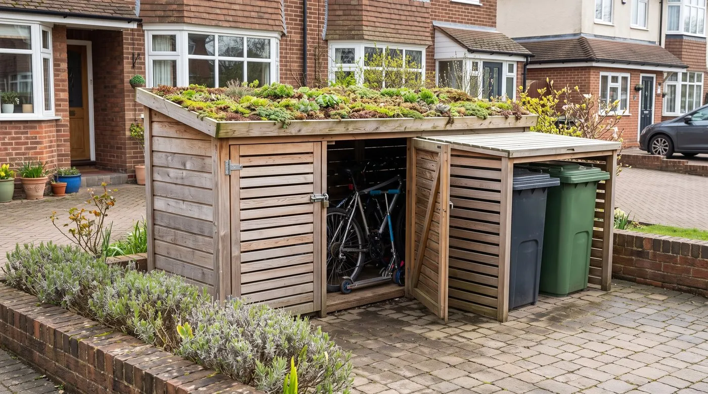 Timber bike store with a sedum roof beside a matching slatted bin screen in a paved front garden