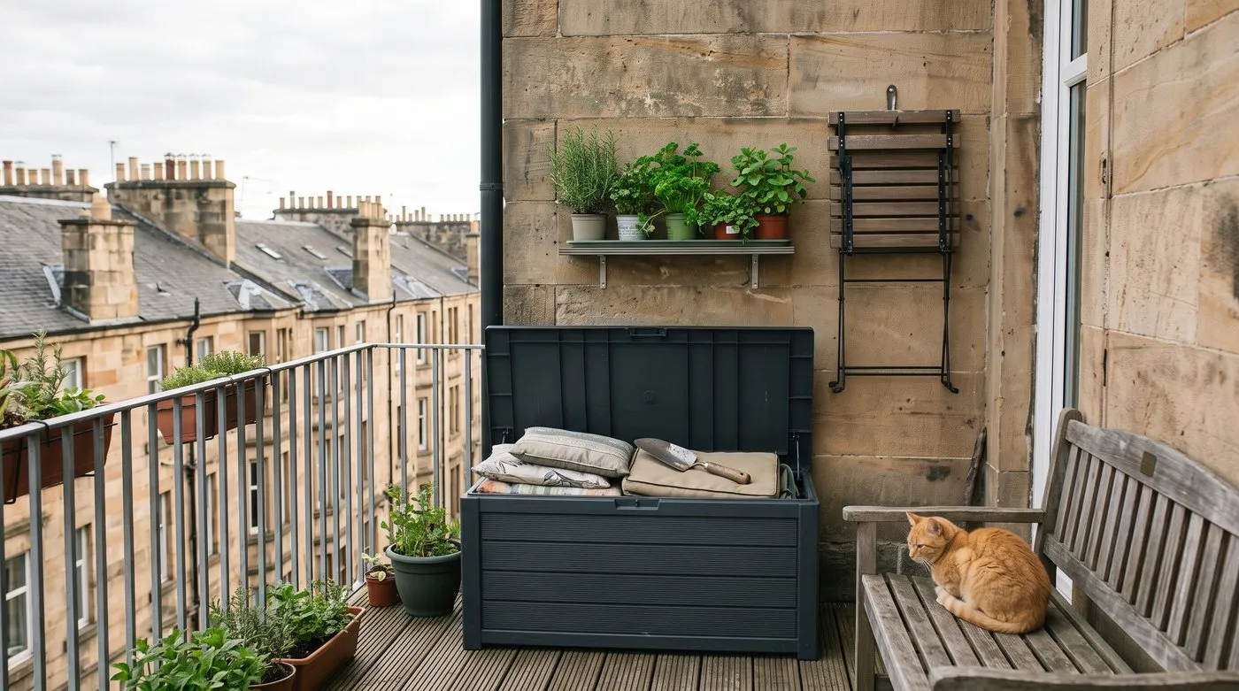 Open resin deck box holding cushions on a small balcony with wall shelves, a hanging chair and a ginger cat