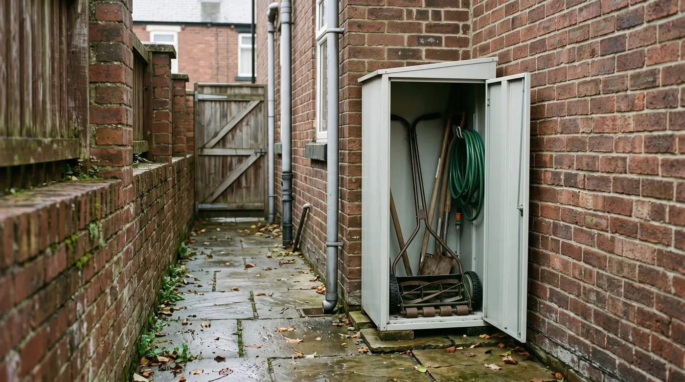 Slim metal lean-to store with a mower and tools inside, against a brick wall in a narrow side passage