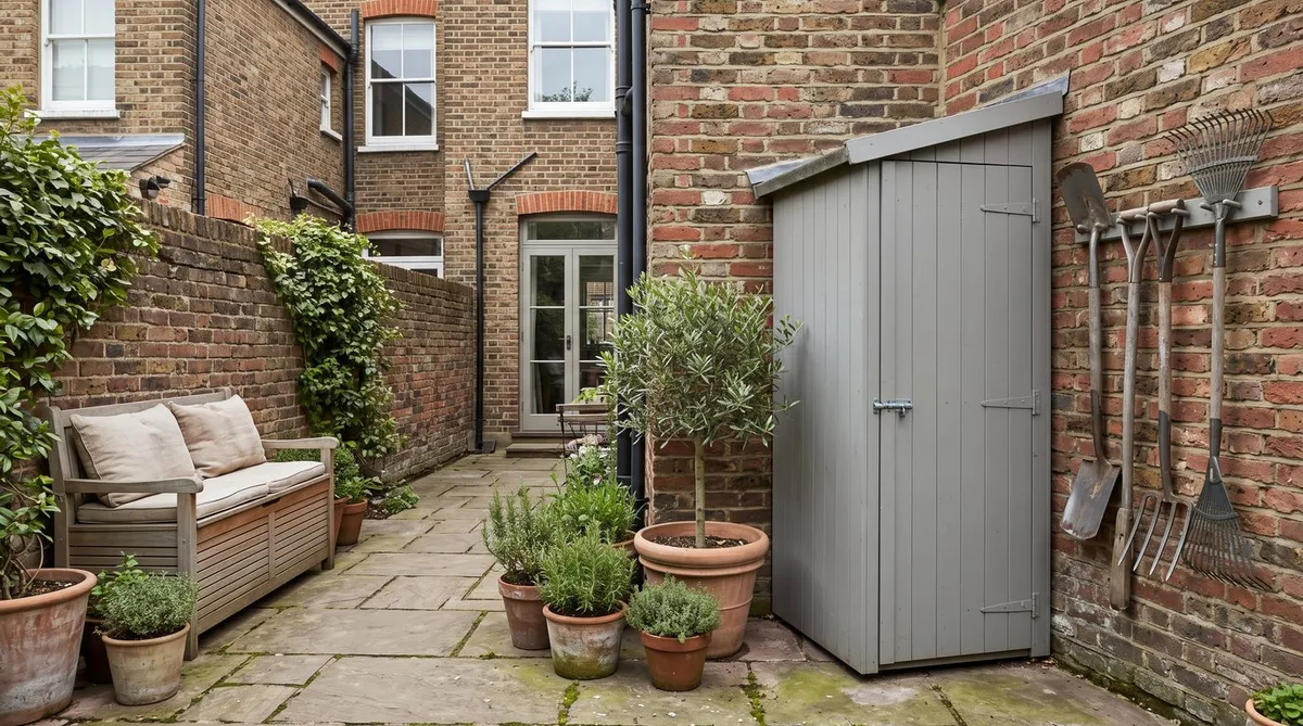Small paved garden with a slim lean-to store, a wall rack of tools and a storage bench against a brick house