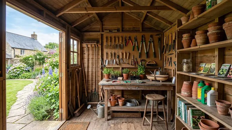Garden storage shed with tools hanging on the wall, shelving for pots, and a workbench in a UK back garden