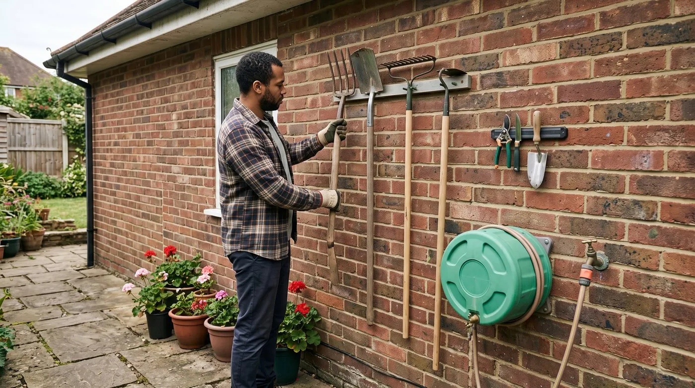 Man hanging a garden fork on a wall-mounted tool rack beside a hose reel on a brick house wall