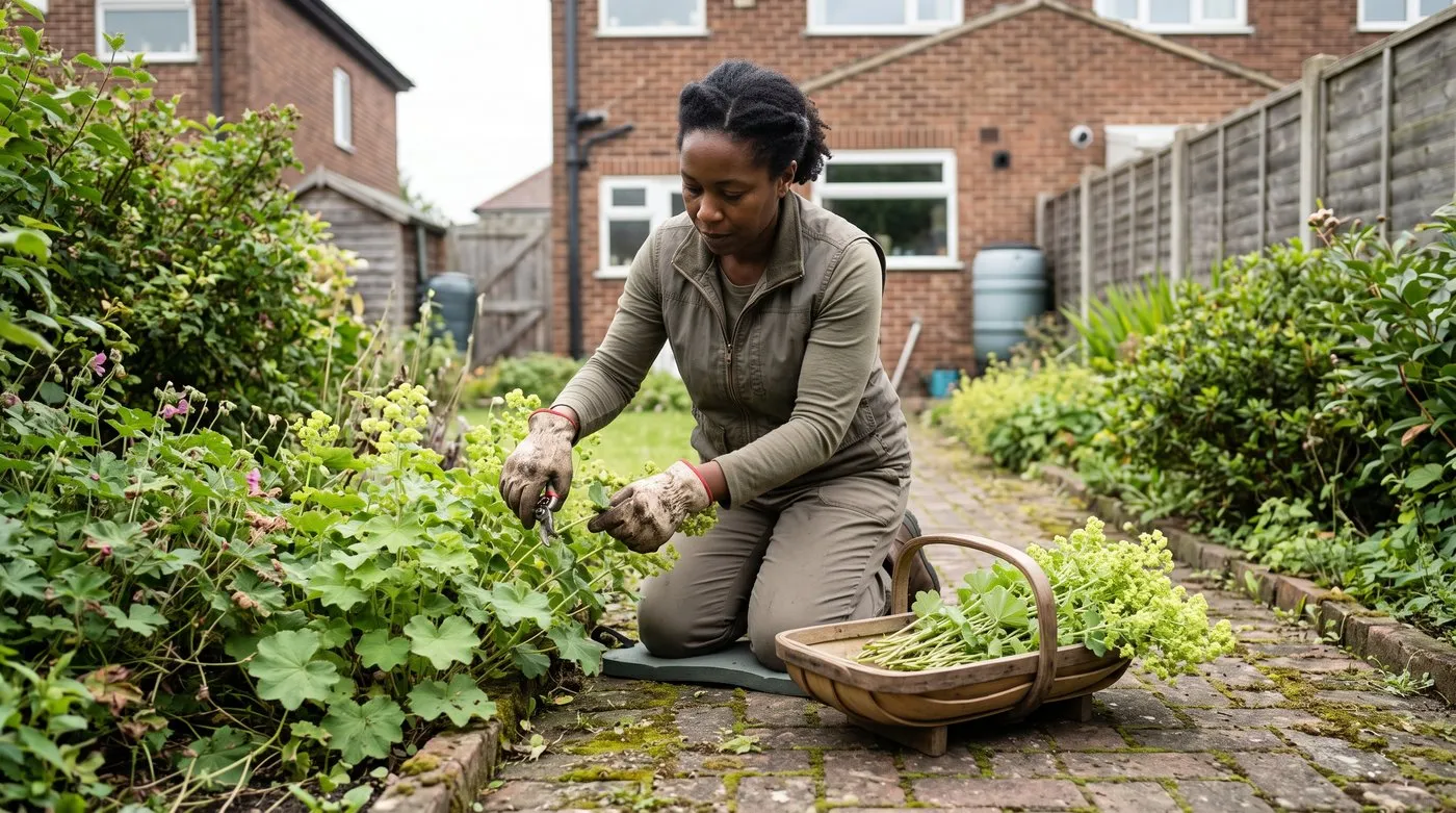 Gardener cutting back fading lady's mantle flower stems with secateurs beside a brick path