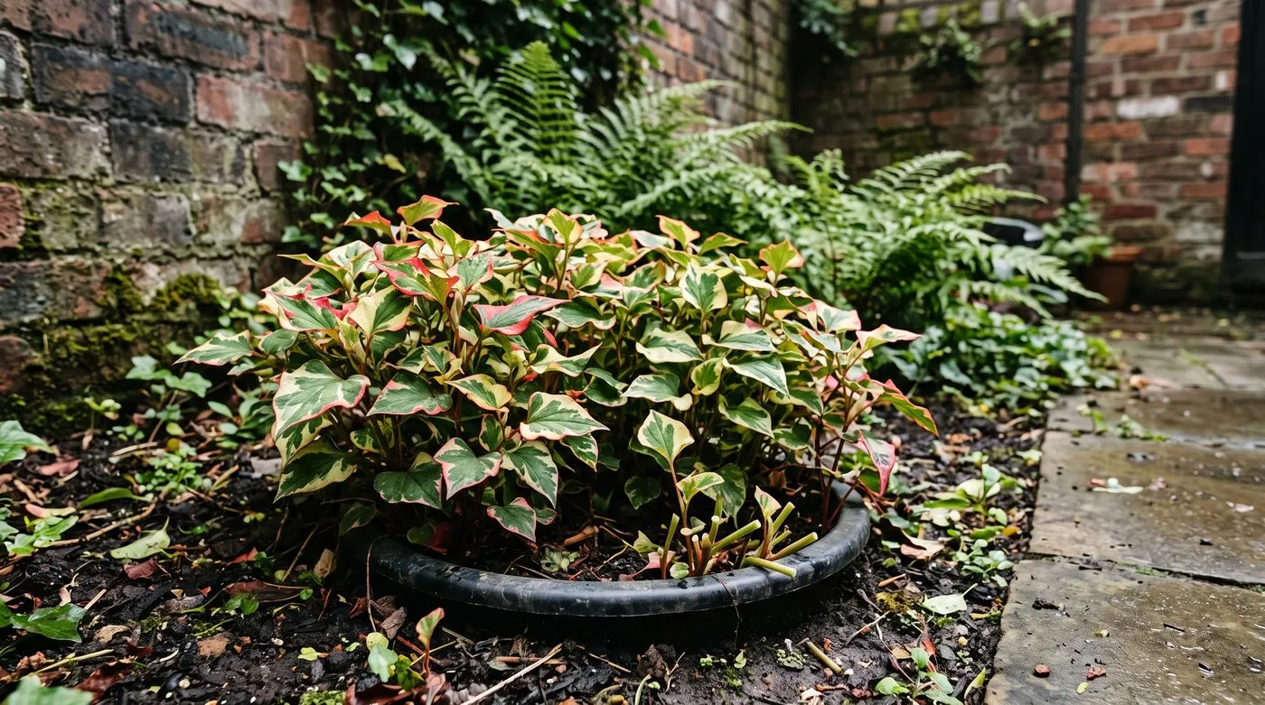 Houttuynia 'Chameleon' with red, cream and green leaves growing in a pot sunk into a shady border