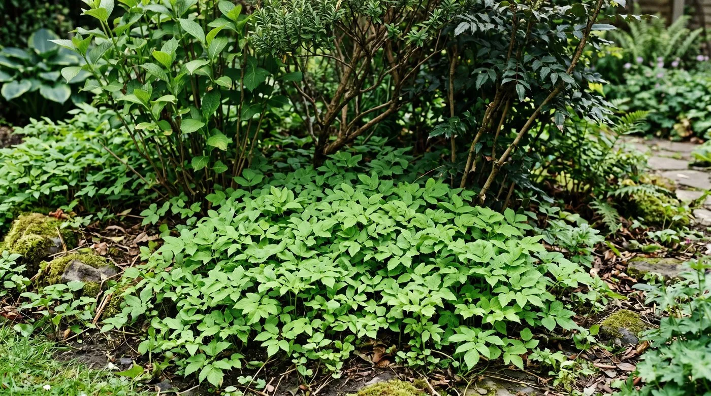 Bishop's weed (Aegopodium podagraria) ground cover spreading across a shady UK border