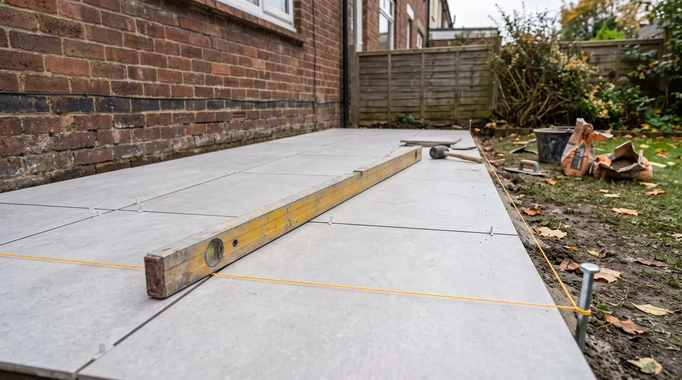 Spirit level and string line on new grey porcelain tiles sloping gently away from a brick house wall