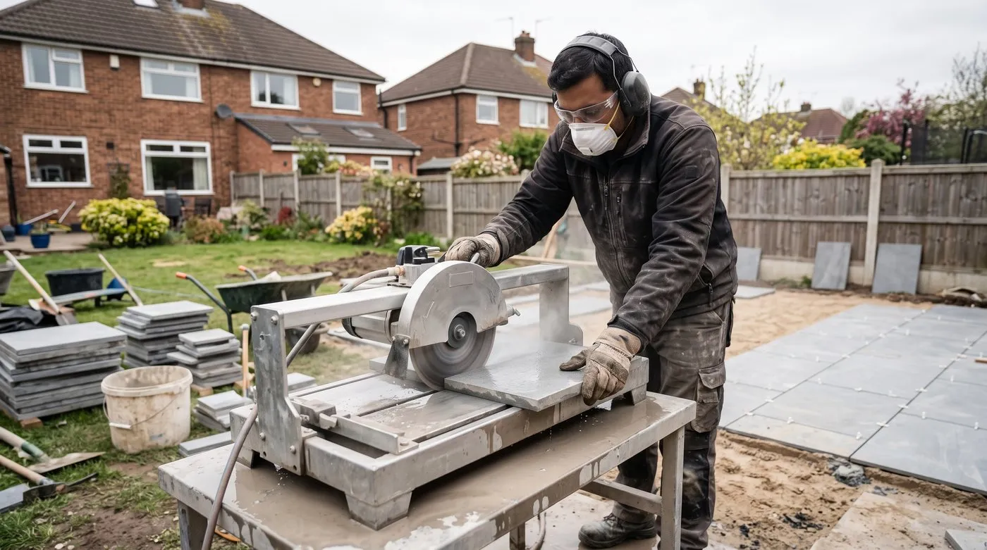 Man in safety glasses and mask cutting a grey porcelain paver on a wet tile saw in a back garden