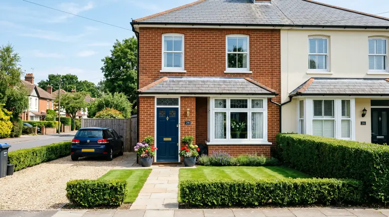 The front of a tidy UK house with strong kerb appeal: clean path, mown lawn, clipped hedge and planted door pots