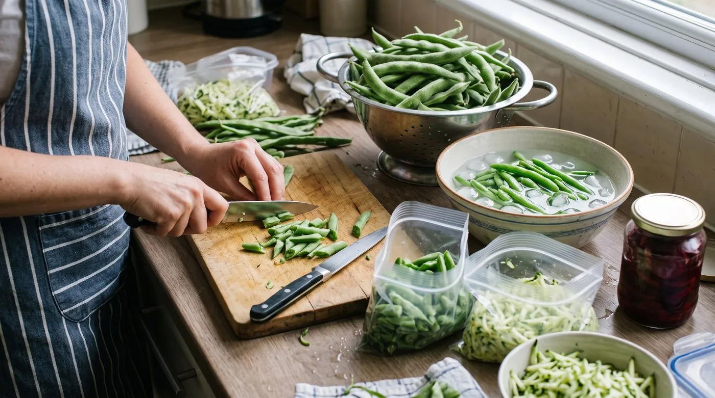 Runner beans being blanched and packed into freezer bags beside a jar of pickled beetroot