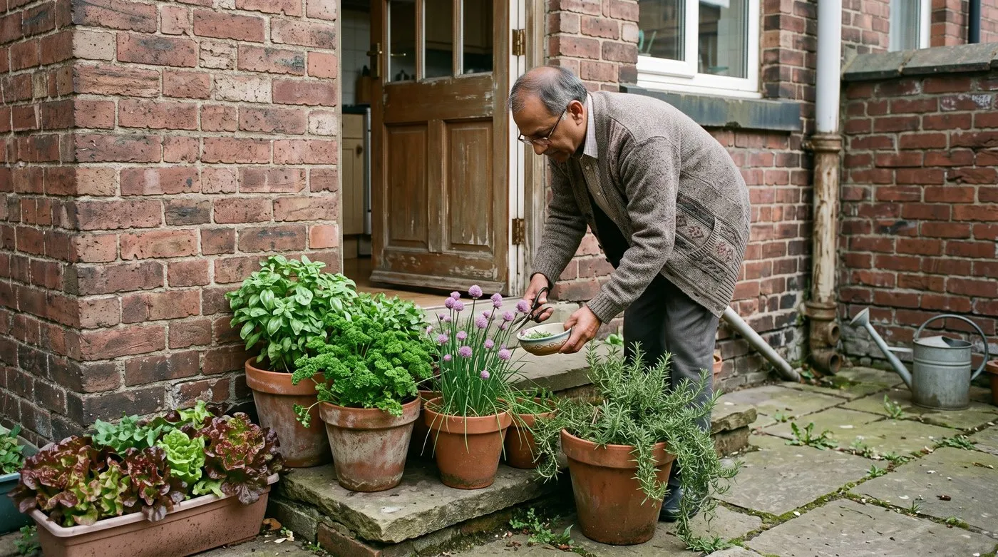 Man snipping chives from pots of herbs and salad leaves beside a back door