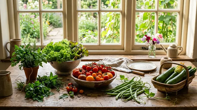Garden to table scene with freshly harvested UK vegetables on a rustic kitchen table including tomatoes, herbs